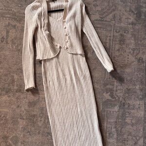 Ribbed Knit Midi Dress with Cardigan in Cream